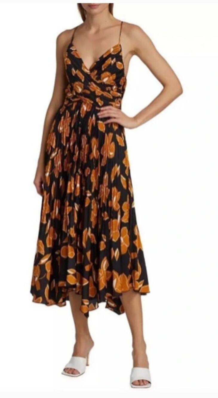 NWT Jonathan Simkhai Pleated Floral Midi Dress Black Gold Size 8